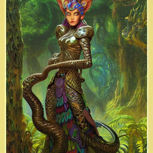 Prompt: a portrait of a female snake wearing ornate plastic armor at night in a dark forest. zootopia fursona furaffinity furry art detailed face painting by roger dean and gaston bussiere craig mullins jc leyendecker gustav klimt artgerm greg rutkowski furry