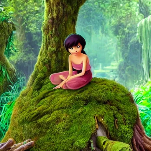 Prompt: fairy sitting on moss covered stump, from the jungle book, disney animation, extremely detailed