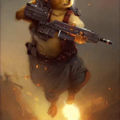 Prompt: Adorable Guinea Pig holding a frivolous weapon of war, illustrated by Greg Rutkowski and Gaston Bussiere, serious lighting, dramatic amtosphere, war-art style, photorealistic imagery, trending on artstation, 4k, 8k