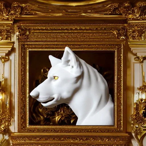 Image similar to side portrait of a wolf in the form of a greek sculpture in marble, with a gold crown, baroque elements in the background, museum. photorealistic. ultra detailed. flash. intricate artwork by miguel angel. octane render. cinematic. 4 k. bokeh.