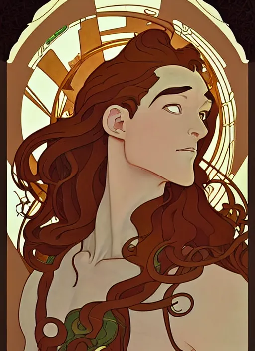 Image similar to art nouveau portrait of centaur man, natural lighting, path traced, highly detailed, high quality, cartoon, digital painting, by don bluth and ross tran and studio ghibli and alphonse mucha