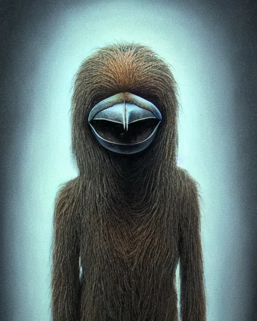 Prompt: realistic surreal painting of a bipedal sloth character, long curly fur, full skull shaped face cover, mage robe based on a toucan, 6 toucan beaks, in the style of zdzislaw beksinski, stylized, video animation, hogwarts legacy, chromatic aberration, super natural, neon glow