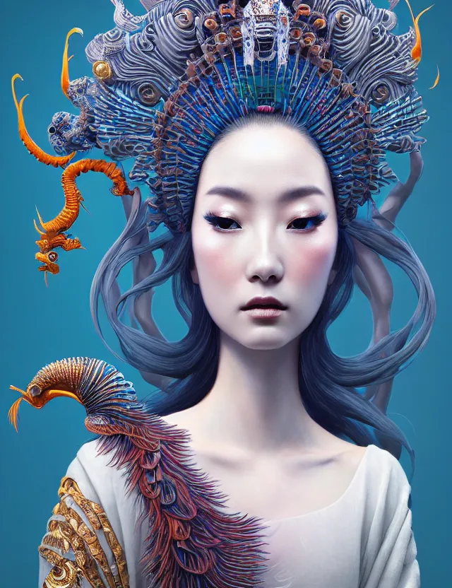 Image similar to 3 d goddess close - up profile portrait with crown, ram skull. beautiful intricately detailed japanese crow kitsune mask and clasical japanese kimono. betta fish, jellyfish phoenix, bio luminescent, plasma, ice, water, wind, creature, artwork by tooth wu and wlop and beeple and greg rutkowski