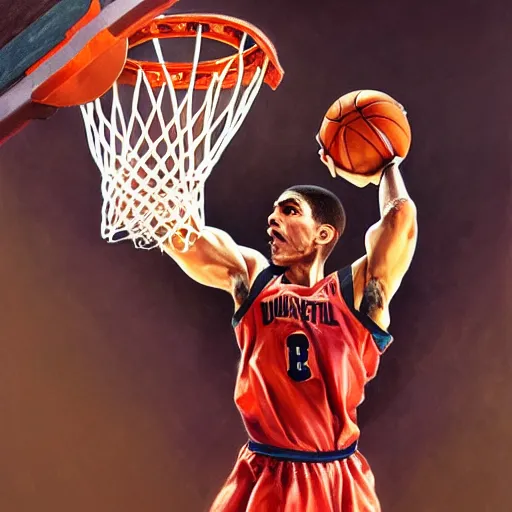 Image similar to A expressive oil painting of a basket ball player dunking, highly detailed, artstation, sharp focus, illustration, art by artgerm and greg rutkowski and alphonse mucha and leonardo da vinci