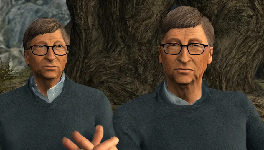 Image similar to character screenshot of bill gates, skyrim, enb, 4 k, bokeh