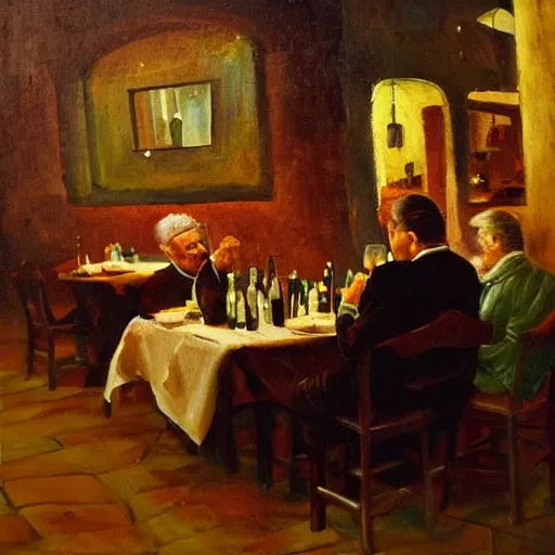 Prompt: A quiet night at a Tuscan restaurant with an old man sitting, drinking wine, oil painting