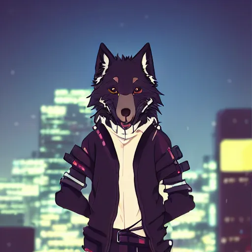 Image similar to key anime visual portrait of a handsome male anthro wolf furry fursona wearing a leather outfit downtown at night, bokeh background, official modern animation