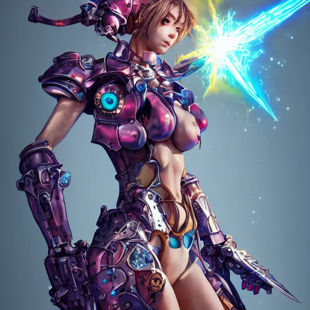 Image similar to studio portrait of lawful good colorful female holy mecha paladin absurdly beautiful, elegant, young thin bikini model, ultrafine hyperrealistic detailed face illustration by kim jung gi, irakli nadar, intricate linework, sharp focus, bright colors, matte, octopath traveler, final fantasy, unreal engine highly rendered, global illumination, radiant light, intricate environment
