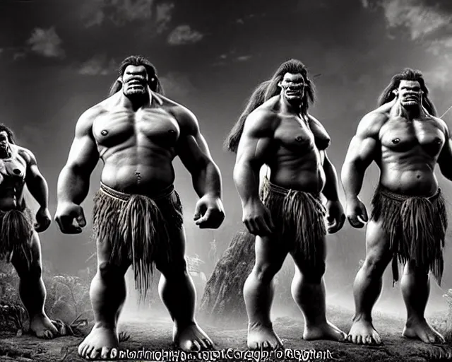 Image similar to hyper realistic group vintage photograph of a live action warcraft orc warrior tribe in the jungle, tall, hulk like physique, detailed faces, tribal paint, tribal armor, grain, old, monochrome, sepia toned, realistic lighting, wide angle