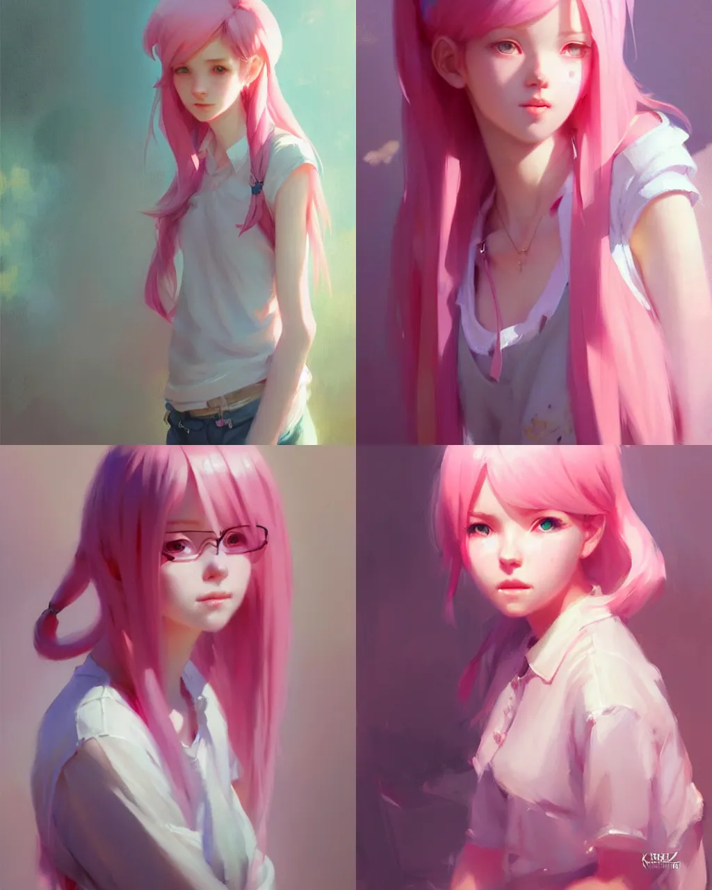 Prompt: girl with pink hair and cute clothes, portrait, illustration, rim light, exquisite lighting, perfectly shaded, soft painting, art by krenz cushart and wenjun lin