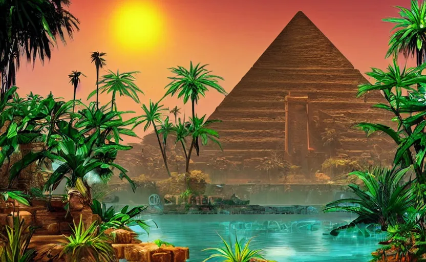 Image similar to ancient egypt structure with plants and waterfalls, epic retrowave art, trending on art station