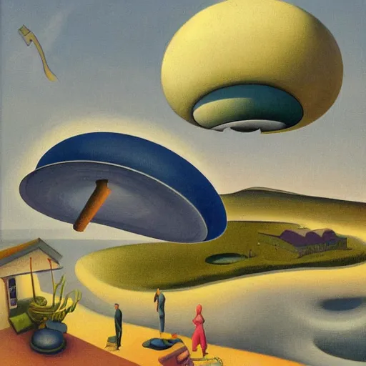 Image similar to painting of mysterious alien saucer hovering over seaside village, 1939, by Thomas Hart Benton