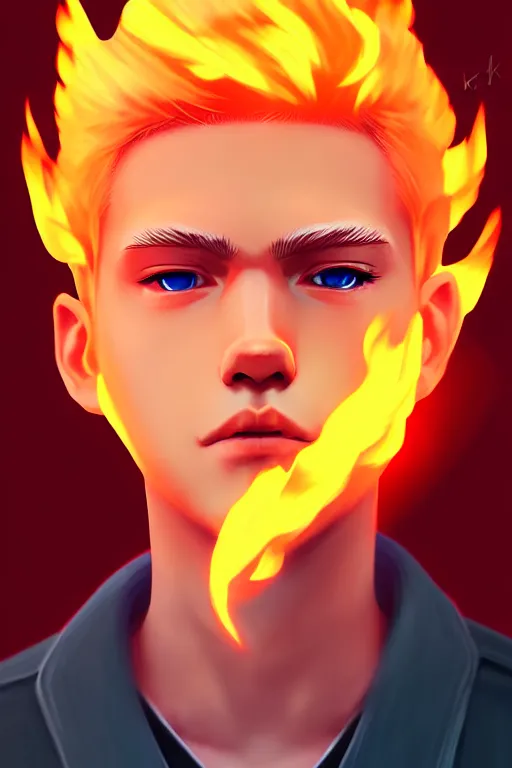 Prompt: character art by ilya kuvshinov, young man, blonde hair, on fire, fire powers