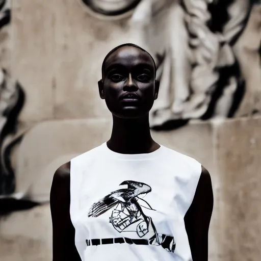 Image similar to black marble statue of a beautiful woman in the style of virgil abloh with in the background colorful motocross logos and traffic signs, colored smoke clouds, very very beautiful, detailed, off white, heron preston, 8 k, 4 k, detailed, beautiful, symmetrical, vogue, editorial, fashion, magazine, soft lighting