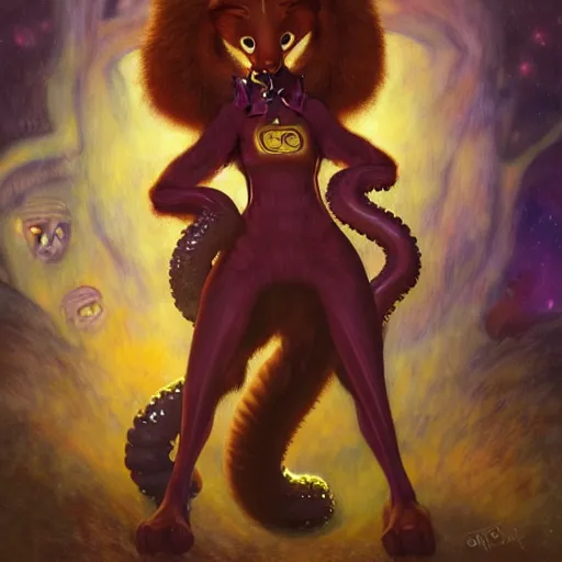 Image similar to a portrait of a female tentacle monster in starfleet uniform at night in a dark forest. zootopia fursona furaffinity furry art detailed face painting by gaston bussiere craig mullins jc leyendecker gustav klimt artgerm greg rutkowski furry