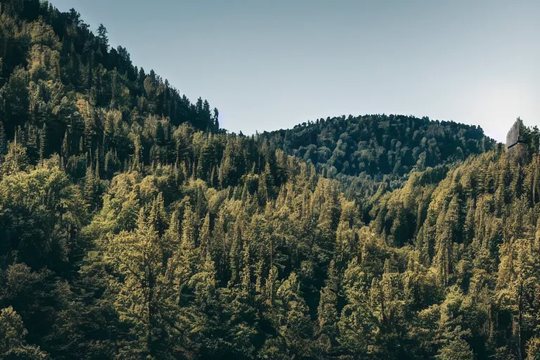 Image similar to sci fi nuclear containment buildings in a steep sided valley with trees, ufo flying around, a sense of hope and optimism, birds overhead, stark light, day time, unsplash, national geographic, hd, high res