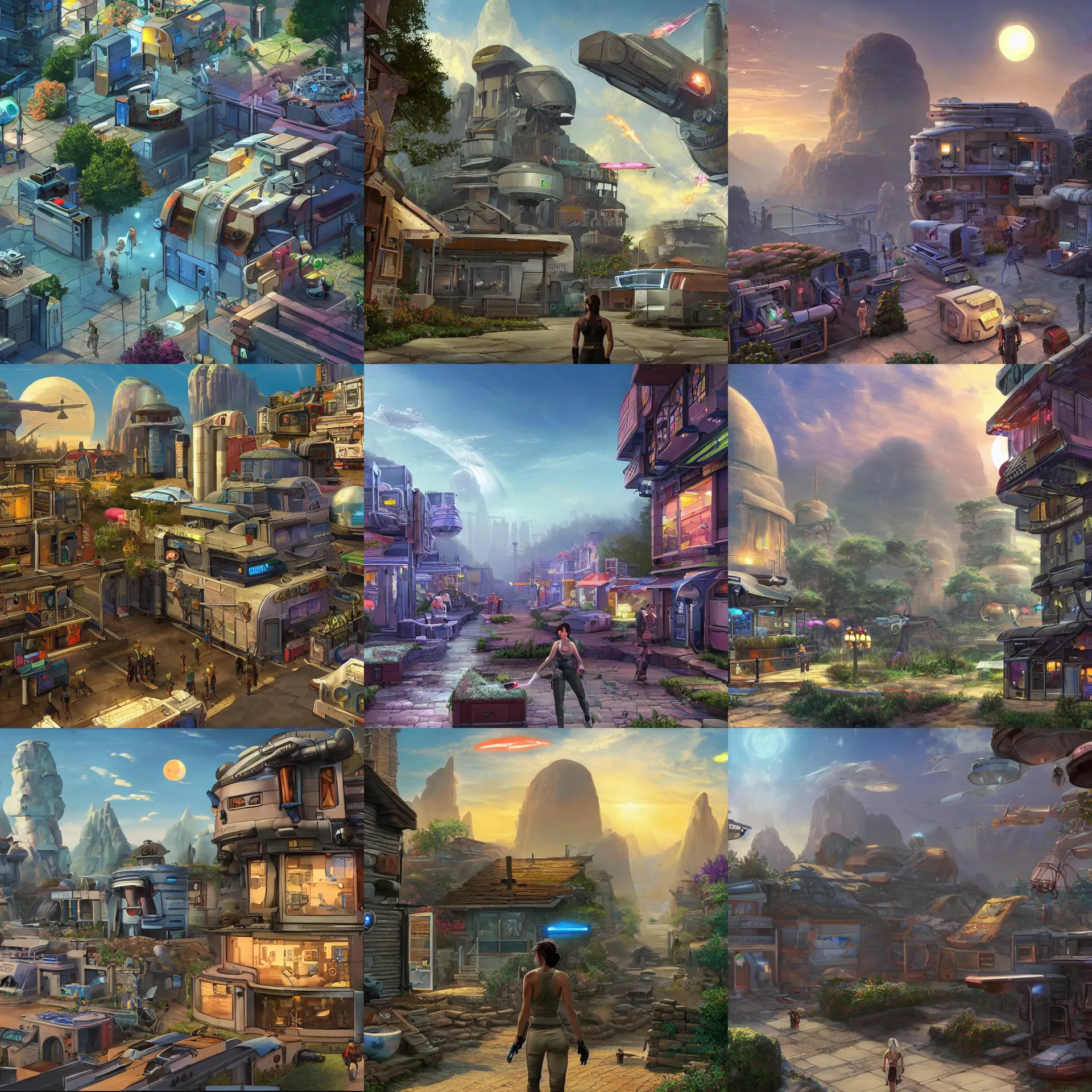 Prompt: on main street in a small colony with futuristic modular buildings, on a remote planet, from a space themed point and click 2 d graphic adventure game, art inspired by the tomb raider and thomas kinkade