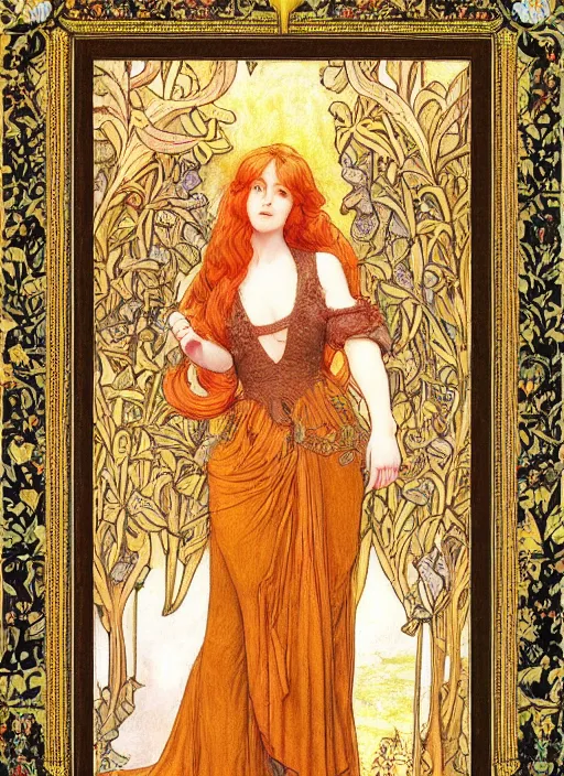 Image similar to masterpiece beautiful seductive flowing curves pose preraphaelite portrait photography, straight bangs, thick body, yellow ochre ornate medieval dress, mushroom forest arch, william morris and kilian eng and mucha, framed, 4 k