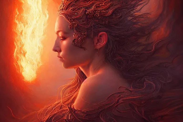 Image similar to Majestic painting of a beautiful young female fire goddess!!, intricate, epic, elegant, menacing, fantasy, highly detailed, digital painting, hard focus, beautiful volumetric lighting, epic light, ultra detailed, souls, smoke, by Leesha Hannigan, Ross Tran, Thierry Doizon, Kai Carpenter, Ignacio Fernández Ríos