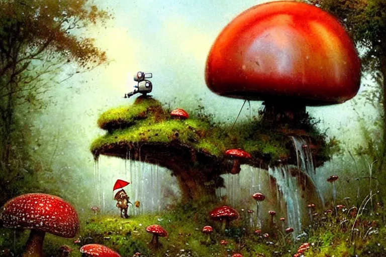 Prompt: adventurer ( ( ( ( ( 1 9 5 0 s retro future robot android mouse tractor in forrest of giant mushrooms, moss and flowers stone bridge waterfall. muted colors. ) ) ) ) ) by jean baptiste monge!!!!!!!!!!!!!!!!!!!!!!!!! chrome red