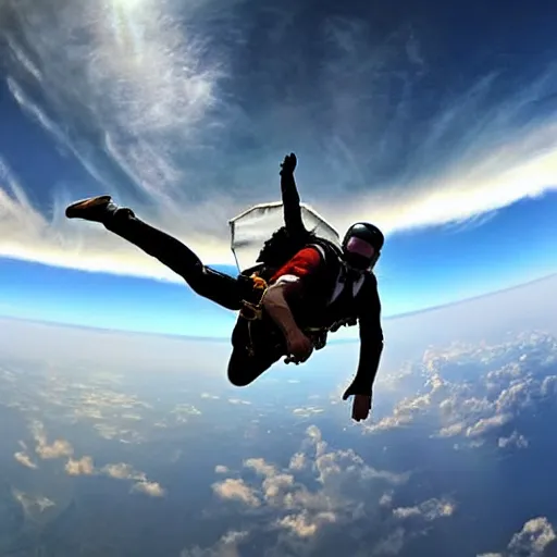 Image similar to drama photo of a man in a buisness suit skydiving, from the view of someone on the ground, beautiful dramatic clouds illuminated by the sun in the style of craig mullins