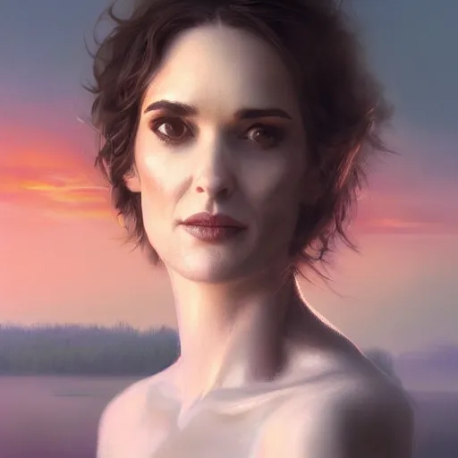 Prompt: a closeup portrait of a winona ryder, dramatic light, lake background, sunset, dark, painted by stanley lau, painted by greg rutkowski, painted by stanley artgerm, digital art, trending on artstation