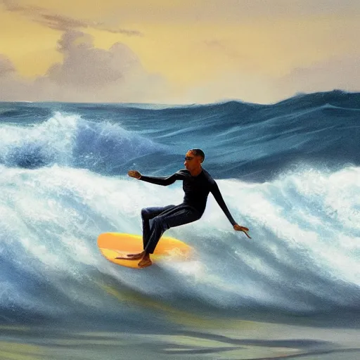 Prompt: barack obama surfing in rough surf with drink in hand, realistic, high detail, volumetric lighting