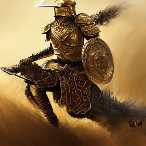 Image similar to Hyper-realistic painting of the King of the Desert, Warrior at war, battle field, action, Gold Armour suit, Sword, handsome attractive face, attractive young man, beautiful face, dramatic lighting, majestic, D&D, fantasy, elegant, intricate, highly detailed, digital painting, concept art, sharp focus, illustration, trending on artstation, art by artgerm and greg rutkowski and alphonse mucha