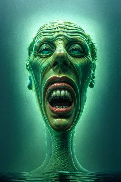 Image similar to hyperrealistic close-up modernism underwater monster! highly detailed concept art eric zener elson peter cinematic hard green lighting high angle hd 8k sharp shallow depth of field, inspired by David Paul Cronenberg and Zdzisław Beksiński