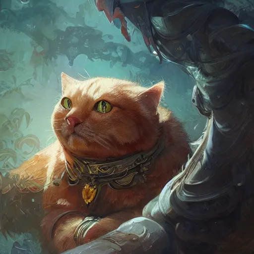 Prompt: fat orange cat, D&D, fantasy, intricate, elegant, highly detailed, digital painting, artstation, octane render, concept art, matte, sharp focus, illustration, hearthstone, art by Artgerm and Greg Rutkowski and Alphonse Mucha