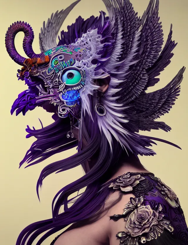 Image similar to 3 d goddess close - up profile portrait punk with mohawk with ram skull. beautiful intricately detailed japanese crow kitsune mask and clasical japanese kimono. betta fish, jellyfish phoenix, bio luminescent, plasma, ice, water, wind, creature, artwork by tooth wu and wlop and beeple and greg rutkowski