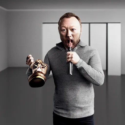 Image similar to limmy brian limond holding bafta award, realistic artstyle, wide shot, dramatic lighting, octane render, hyperrealistic, high quality, highly detailed, hd, beautiful, cinematic, 8 k, unreal engine, facial accuracy, symmetrical,