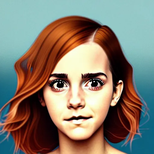 Prompt: beautiful anime girl, Emma Watson, orange glowing hair, sarcastic smiling, clear clean face, symmetrical face, blurry background, pose, trending on artstation, Alexandra Fomina artstation, face by Ilya Kushinov style, style by Loish, Norman Rockwell, painterly style, flat illustration, high contrast