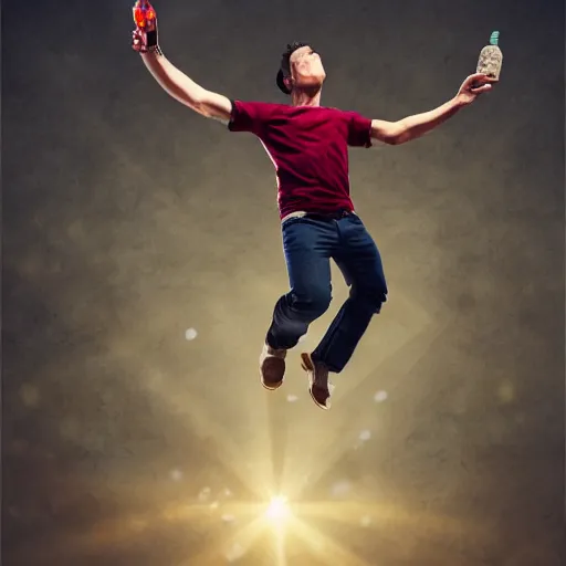 Prompt: an epic portrait of a man jumping in the while holding a bottle, highly detailed, high quality, digital art, five fingers, anatomically correct, dramatic lighting, studio quality