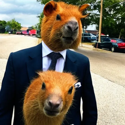 Image similar to capybara head, a man wearing a suit capybara head