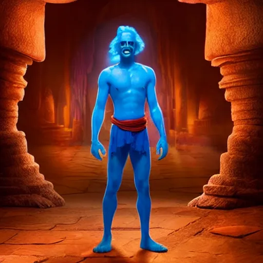 Image similar to doc brown as genie with blue skin in the movie aladdin, movie still 8 k hdr atmospheric lighting