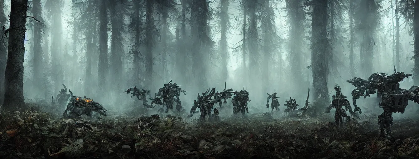 Prompt: image of deep forest with terrific and creepy mechwarriors with volumetric lights, running and hunting people, post - apocalyptic style, high detail, dramatic moment, motion blur, ground fog, dark atmosphere, saturated colors, by darek zabrocki, render in unreal engine - h 7 0 4