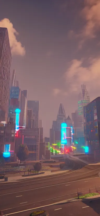 Image similar to unreal engine 5 render of a happy city during the day with lasers coming out of the clouds, digital art ”