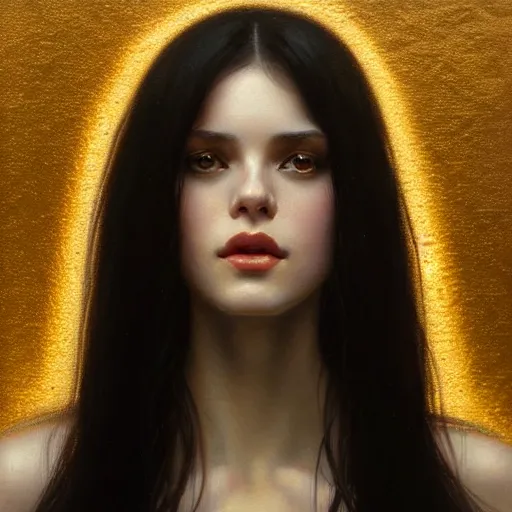 Image similar to Portrait of a beautiful pale skin Eastern European female with long black hair, dark eyes, elegant clothing, photorealistic, highly detailed, artstation, smooth, sharp focus, gold ornaments, neon lighting, sci-fi, art by Klimt, artgerm, Greg Rutkowski and Alphonse Mucha