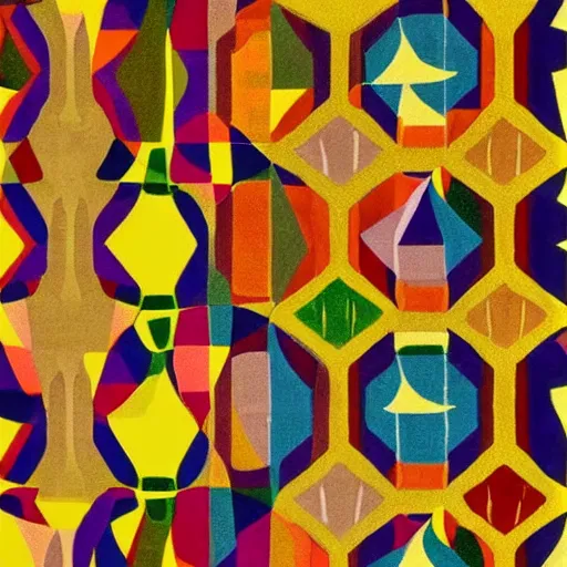 Prompt: Carpet with geometric shapes, surreal ,4K, Futurism & Harlem Renaissance, colorized, Andy Warhol