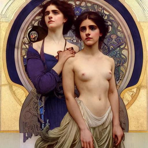 Image similar to detailed portrait art nouveau painting of a humanoid cyborg Chloe Grace Moretz, and Emma Watson with anxious, piercing eyes, by Alphonse Mucha, Michael Whelan, William Adolphe Bouguereau, John Williams Waterhouse,and Donato Giancola