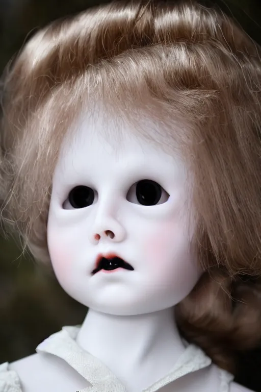Image similar to creepy porcelain doll with creepy shining eyes.