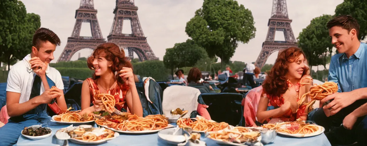 Prompt: young couple enjoying a spaghetti picnic in front of the eiffel tower, high detail, canon 5 0 mm, cinematic lighting, photography, retro, film, kodachrome