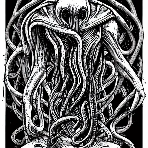 Prompt: Humanity is consumed by Cthulhu, Giger, Lovecraft, colored.