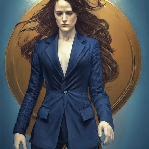 Image similar to full figure ultra realistic illustration, evan rachel wood wearing a futuristic navy blue pantsuit, brown straight hair, old west, intricate, elegant, highly detailed, digital painting, artstation, concept art, smooth, sharp focus, illustration, art by artgerm and greg rutkowski and alphonse mucha