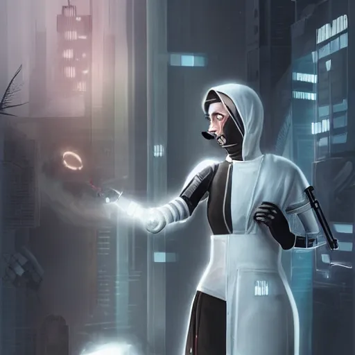 Image similar to Ultra realistic illustration of a nun cyborg, cyberpunk, sci-fi fantasy