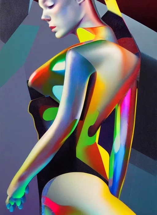 Image similar to futuristic lasers tracing, colorsmoke, leather fullbodysuit, pyramid hoodvisor, raindrops, wet, oiled, beautiful cyborg girl, by steven meisel, kaws, rolf armstrong, mondrian, kandinsky, perfect geometry abstract acrylic, octane hyperrealism photorealistic airbrush collage painting, dark monochrome, fluorescent colors, minimalist rule of thirds, eighties eros