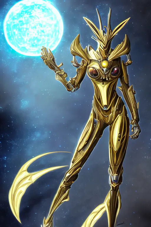 Image similar to intricate high detail elegant beautiful stunning quality cosmic huge god giantess hot female warframe anthro mecha female dragon goddess, gold body, sleek metal ears, sleek eyes, smooth blue skin, sleek gold armor, bigger than galaxy, epic proportions, epic scale, epic size, warframe destiny art, furry, dragon art, goddess, giantess, furaffinity, octane