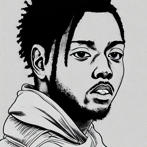 Image similar to kendrick lamar, anime style, wearing sweatshirt, shoulder eyes, last exile anime, symmetrical facial features, from arknights, hyper realistic, 4 k, rule of thirds, extreme detail, detailed drawing, trending artstation, realistic lighting, by alphonse mucha, greg rutkowski, short neck