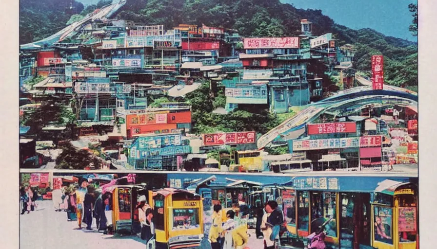 Prompt: A 1980s Japanese advertisement for a futuristic dream mountain town eco city themed like Jiufen, cable cars, flying cars, escalators, colorful